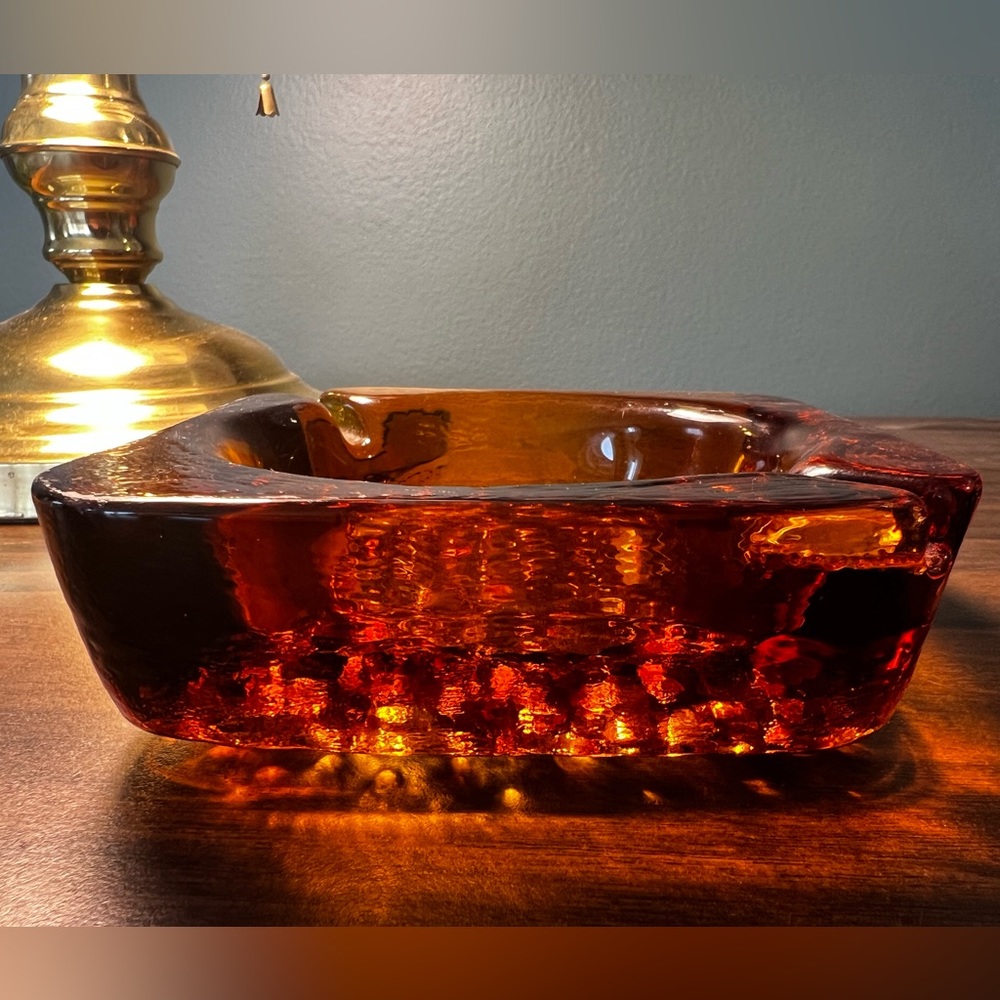Midcentury Amber Glass Ashtray. Very thick and heavy!